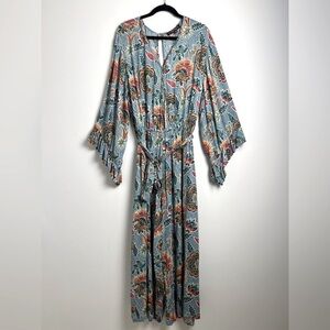 Pyramid Collection Bohemian Blue Floral Print Long Ruffle Sleeve Jumpsuit Sz 1X